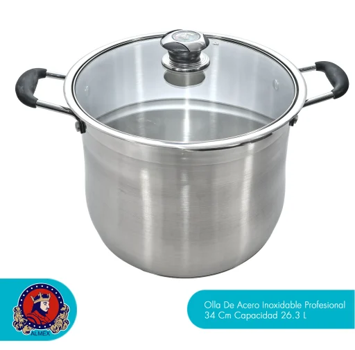 Olla De Acero Inoxidable Profesional 34 Cm Capacidad 26.3 L