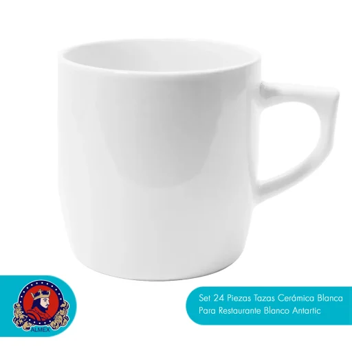 Set de 24 piezas en cerámica blanca estilo Antartic para restaurantes y cafeterías. Resistente, elegante y diseñada para uso intensivo diario.