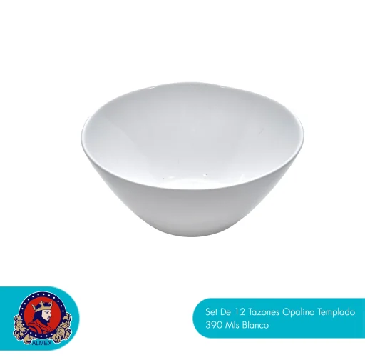 Set De 12 Tazones Opalino Templado 390 Mls Blanco